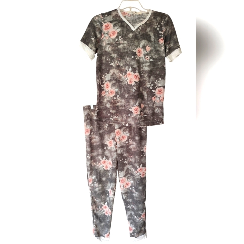 LAVON Cotto Blend 2 Piece Pajama Set Floral Short Sleeve Size Small